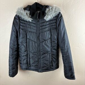 Refuge Black Hooded Fur Trimmed Puffer Coat Womens Size Large Zip-up Pockets